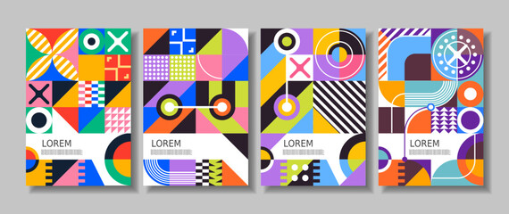 Set of covers. Abstract geometric pattern background, vector circle, triangle and square lines, art design. Black and white background. Compositions for book covers, posters, flyers, magazines