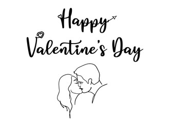 Happy Valentines day lettering quote and kissing couple silhouete. Vector trendy design. Black lettering and illustration for February 14 card. Modern fashion art for t-shirt emblem.