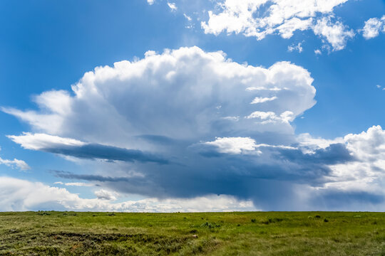Vast fields of farmland on the prairies under a big sky with cloud formations and a storm in the distance; Val Marie, Saskatchewan, Canada