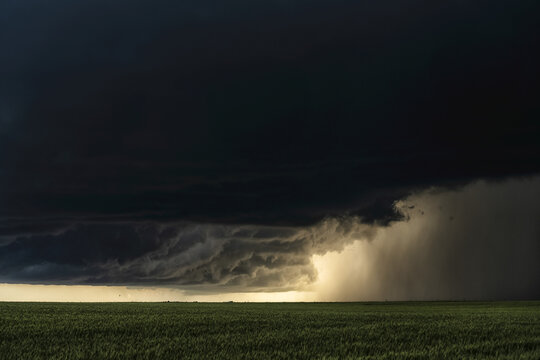 Dramatic skies over the midwest plains of the United States during tornado season. Amazing cloud formations show off mother nature's power and beauty; Nebraska, United States of America