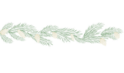 Festive background, web banner, postcard, poster, greeting card with fir branches, pine cones and balls. with space for text. Elements of hand drawing.