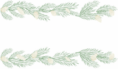 Festive background, web banner, postcard, poster, greeting card with fir branches, pine cones and balls. with space for text. Elements of hand drawing.