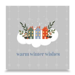 Christmas and New Year 2023 greeting card template. Vector illustration concepts for graphic and web design, social media banner, marketing material. Cute scandinavian style houses.