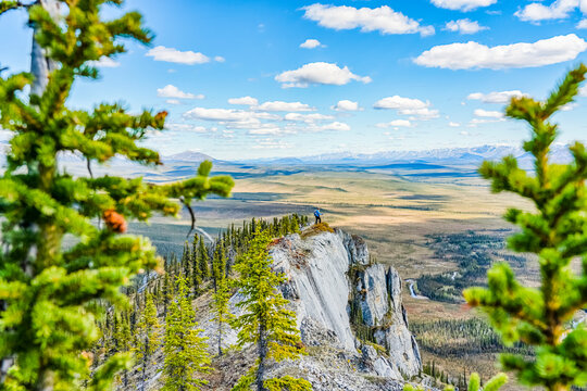 Woman hiking along the Dempster Highway enjoying the scenery on top of Sapper Hill; Yukon, Canada