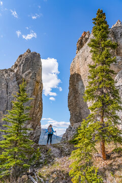 Woman hiking along the Dempster Highway enjoying the scenery on top of Sapper Hill; Yukon, Canada