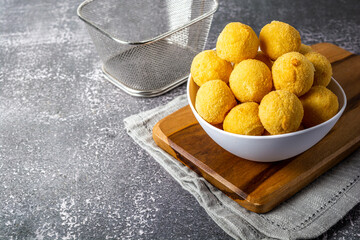 'salgadinho de festa' or brazilian traditional party snack. a mix made of coxinha, bolinha de queijo and risolis.