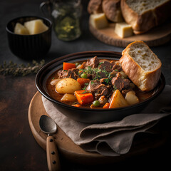 Delicious beef stew with bread and vegetables