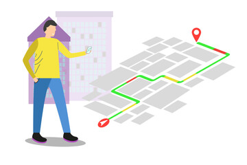 Illustrations design concept location maps with road follow route for destination drive by GPS navigator. Pin point on direction. Vector isometric illustrate. Vector illustration