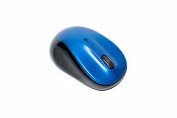 A blue and black wireless computer mouse on a white background