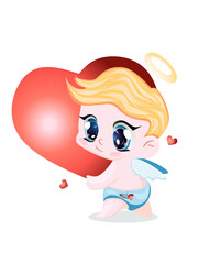 Obraz na płótnie Canvas Cute little cupid, angel with blond hair holding a big red heart, vector illustration isolated on white background, Valentine's Day