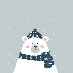 Cute winter polar  bear, flat illustration