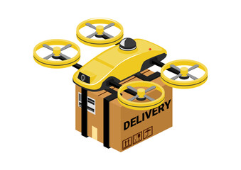 Drone delivery. Isometric illustration with the concept of autonomous delivery by drone. Vector.