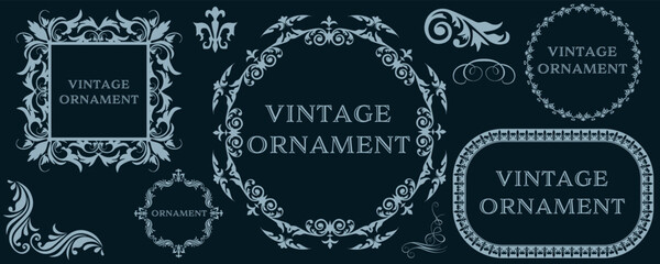 set of graphic materials, oriental patterns, arabesque patterns, antiques, decorative borders and vintage frames.