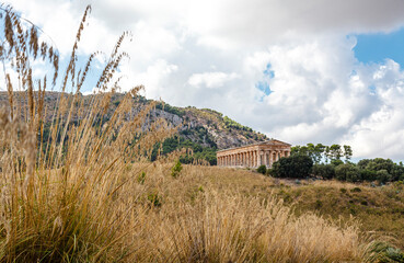 View at the Greek Doric temple in the Romantic hill landscape of Segesta, Sicily, Italy, Europe