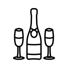 Bottle of champagne and glasses. Pictogram isolated on a white background.
