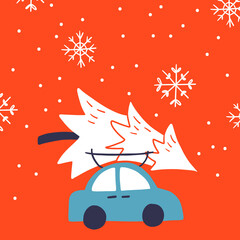 Lovely flat vector design in Christmas eve with little classic blue car carrying Christmas tree on its rack. Ideal for Christmas holidays cards, posters, banners and other graphic and web design
