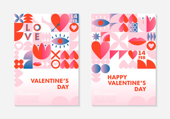Fototapeta na wymiar Set of Valentines Day greeting banners templates.Romantic vector layouts in bauhaus style with geometric elements and symbols.Modern trendy designs for banners,invitations,prints,promo offers.