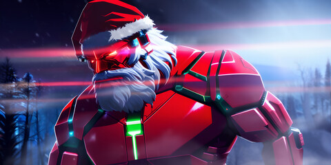 Evil cybernetic robot santa claus in anime style