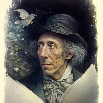 Fantasy portrait of  the legendary fairytale writer Hans Christian Andersen listening to his muse, reading from his book