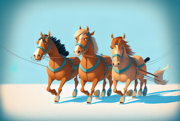 Winter horses pulling sledges. Generative AI
