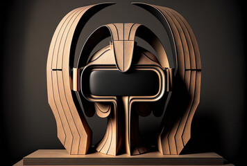 Virtual reality concept front view of contemporary bespoke headgear with wooden surface against abstract black background. Generative AI