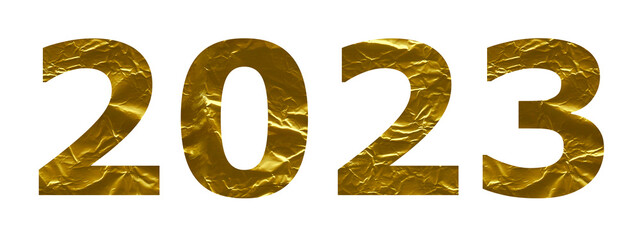 Happy new year 2023, gold texture headline with metallic foil numbers