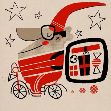A Santa Claus Delivery Man on a Motorcycle driving with his presents Mid-Century Style Illustration Christmas Motorbike Vintage Retro Texture pressprint effects