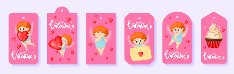 Gift tags with angels and hearts. Tags for valentine's day. Cupid helper.Funny cupid angel character with wings. Red hearts. GIFT PACKAGING