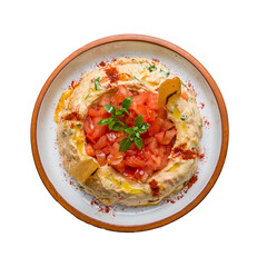 Traditional homemade hummus with fresh tomatoes and red onion isolated on white background top view