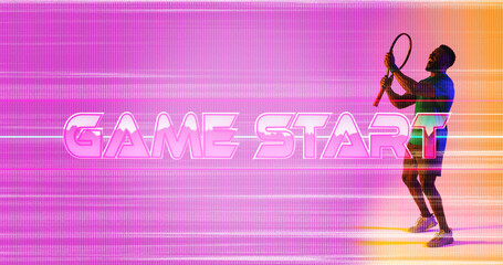 Side view of african american tennis player holding racket by game start text on glitch technique