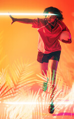 Illuminated line and plants over biracial female player with rugby ball running on orange background