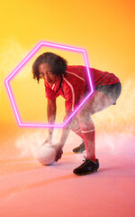 Composite of biracial female rugby player with ball bending amidst smoke by illuminated hexagon