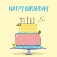 Birthday cake on the yellow background 