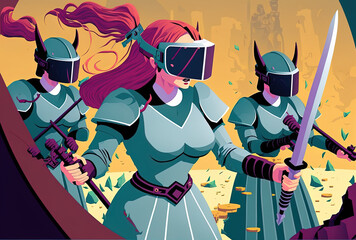 Women using virtual reality are illustrating a picture while wielding swords, firearms, and shields in a game in the metaverse. Generative AI
