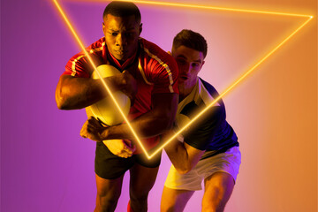 Multiracial rugby male opponents tackling ball by illuminated triangle on gradient background
