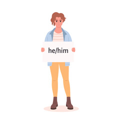 Young character holding sign with gender pronoun. She, he, they, non-binary. Gender-neutral movement. LGBTQ community. Hand drawn vector illustration