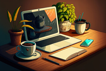 Obraz premium Workplace with laptop and coffee cup. Generative AI