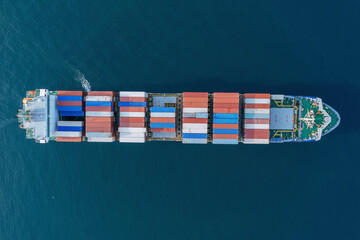 Cargo ship with containers, directly above drone view