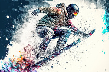 Fototapeta na wymiar Snowboard Wintersport Extrem Abfahrt Downhill Competition Wettbewerb Tiefschnee Abfahrt Generative AI Technology Digital Art Illustration