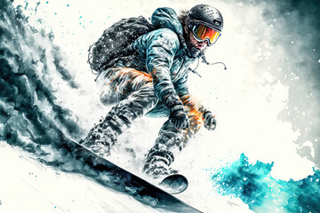 Fototapeta na wymiar Snowboard Wintersport Extrem Abfahrt Downhill Competition Wettbewerb Tiefschnee Abfahrt Generative AI Technology Digital Art Illustration