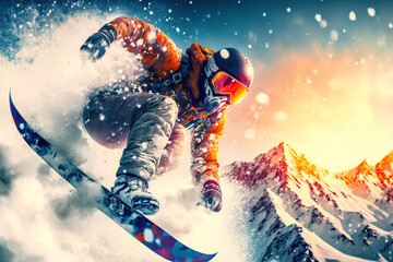 Snowboard Wintersport Extrem Abfahrt Downhill Competition Wettbewerb Tiefschnee Abfahrt Generative AI Technology Digital Art Illustration