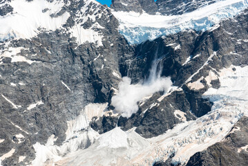 Detail picture of an avalanche starting at Mount Sefton, Mount Cook National Park, New Zealand