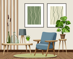 Living room interior with an armchair, wooden slats, abstract paintings, and a monstera plant. Modern interior design. Cartoon vector illustration