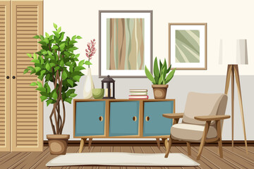 Living room interior with an armchair, a blue dresser, a jalousie cabinet, pictures on the wall, and a big ficus tree. Modern interior design. Cartoon vector illustration