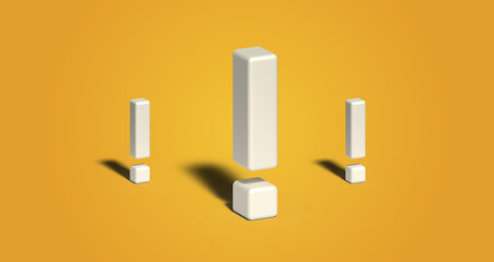 White exclamation mark on a yellow background, a symbol of attention, 3d render illustration