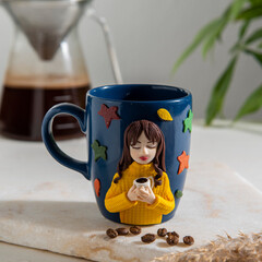 hand made decorative design coffee cup with colorful figure