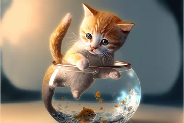 Fotobehang cat in goldfish bowl with goldfish, fishing, kitten in goldfish bowl, digital art,generative ai  © Michael
