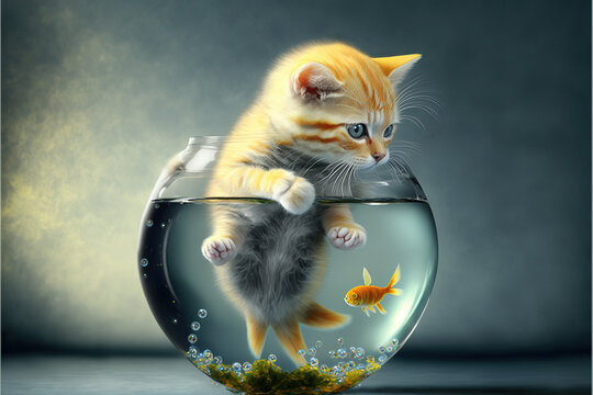 cat in goldfish bowl with goldfish, fishing, kitten in goldfish bowl,generative ai