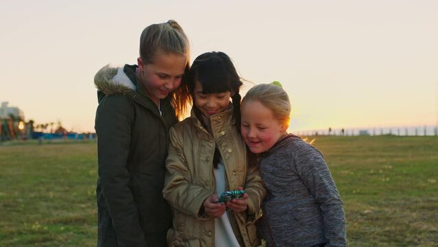 Children, friends and phone while on beach park grass watching funny video online with a mobile app for summer fun in nature. Girl kids together outdoor with a smartphone, diversity and happiness