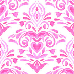 Watercolor pink damask hand drawn floral design with hearts and flowers. © Anastasiya Novikova